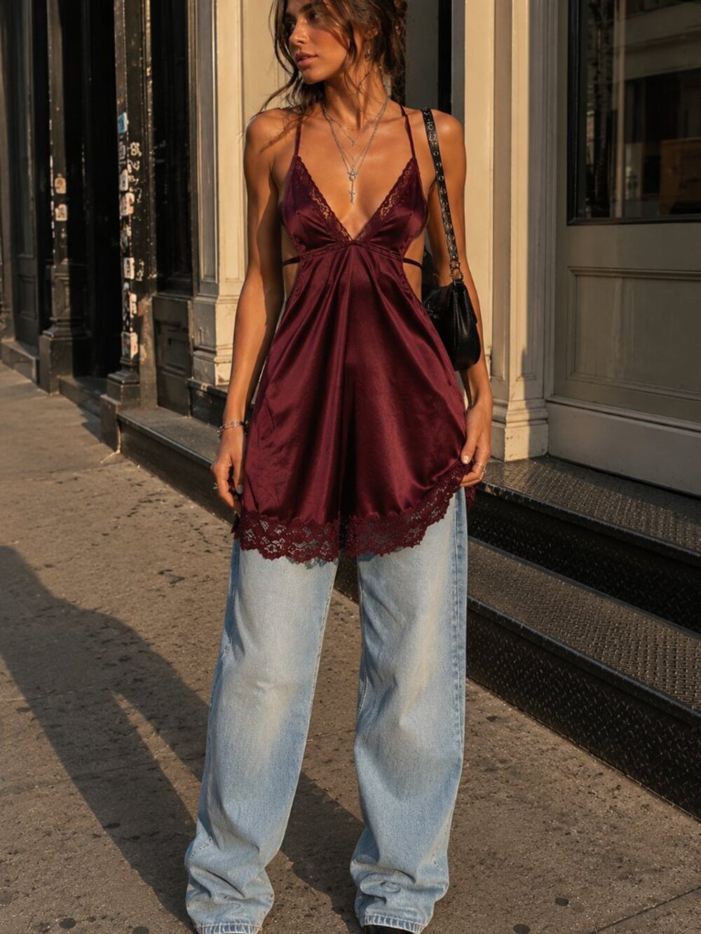 Victoria's Secret Satin Lace Slip Dress Large Burgundy Y2K Coquette